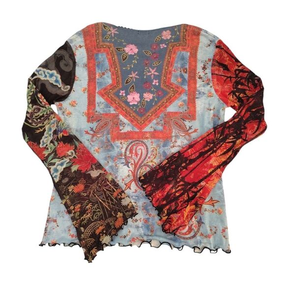 Y2K Colorful Floral Paisley Rhinstone Fairycore Grunge Mesh Sleeve Top Medium - Picture 9 of 14